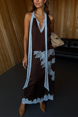 Chic High Waist Lace Trim Satin Maxi Skirt