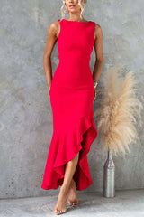 Back Lace-up Sleeveless Ruffle Slit Maxi Dress