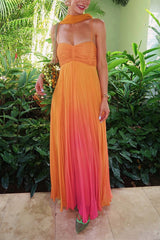 Ruched Back Lace-up Gradient Pleated Maxi Cami Dress