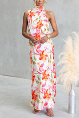 Asymmetrical Shoulder Sleeveless Waisted Floral Print Maxi Dress