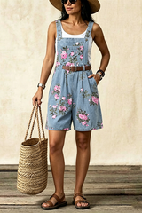 Blue 1960s Denim Floral Pocket Wide Strap Romper