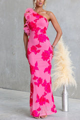Chic Ruffle One Shoulder Sleeveless Floral Mesh Maxi Dress