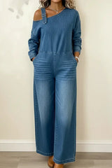 Women's Fashionable Off-The-Shoulder Denim Jumpsuit