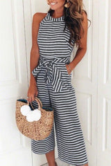 Heididress Sleeveless Knot Waist Wide Leg Striped Jumpsuit