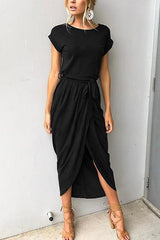 Heididress Short Sleeve Tie Waist Slit Midi Dress