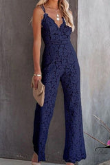 Heididress Solid V Neck Waisted Cami Lace Jumpsuit