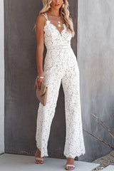 Heididress Solid V Neck Waisted Cami Lace Jumpsuit
