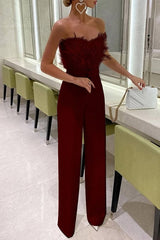 Heididress Off Shoulder Feather Splice Belted Jumpsuit