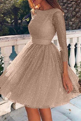 Heididress Stylish Crewneck Long Sleeve Mesh Splice Swing Dress
