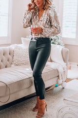 Heididress Stylish V Neck Long Sleeve Sequin Splice Top