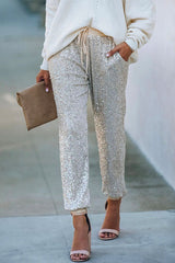 Heididress Tie Waist Sequin Joggers Pants with Pockets