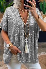 Heididress Stylish V Neck Short Sleeve Sequin T Shirt