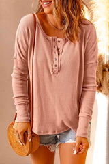 Heididress Solid Buttons Long Sleeve Waffle T-shirt