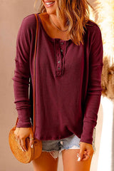 Heididress Solid Buttons Long Sleeve Waffle T-shirt