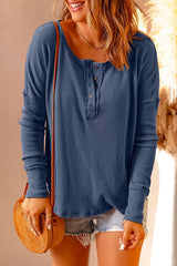 Heididress Solid Buttons Long Sleeve Waffle T-shirt
