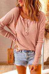 Heididress Solid Buttons Long Sleeve Waffle T-shirt