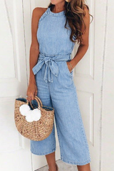 Summer Denim Wide Leg Jumpsuit – Women's Casual Halter Neck Tie Waist Outfit