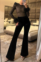 Feather Cuffs Bell Bottom Velvet Splice Jumpsuit