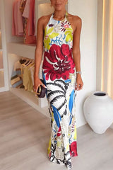 Halter Sleeveless Open Back Floral Print Maxi Dress