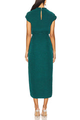 Mockneck Short Sleeves Waisted Side Slit Midi Dress