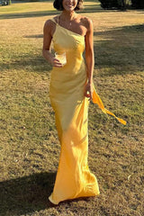 Heididress One Shoulder Open Back Tie Knot Satin Maxi Dress