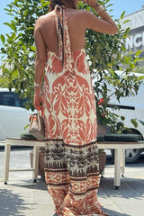 Criss Cross Halter Open Back Printed Maxi Vacation Dress