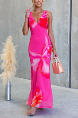 V Neck Sleeveless Floral Print Maxi Dress