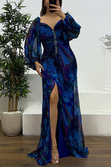 Heididress Off Shoulder Lantern Long Sleeves Printed Slit Pleated Maxi Dress