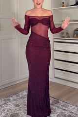 Heididress Off Shoulder Long Sleeves Mesh Splice Sequin Maxi Party Dress
