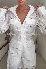 Vivi Embroidered Lace Cutout Long Sleeve Pocket Elastic Waist Loose Shirt Jumpsuit