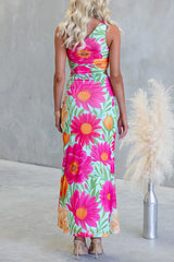 One Shoulder Sleeveless Floral Print Draped Maxi Dress