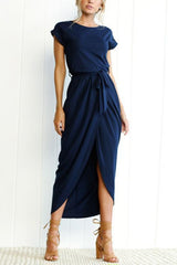 Heididress Short Sleeve Tie Waist Slit Midi Dress