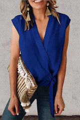 Heididress Solid V Neck Tie Waist Wrapped Top