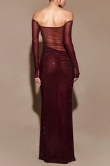 Heididress Off Shoulder Long Sleeves Mesh Splice Sequin Maxi Party Dress