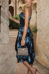 Spaghetti Straps Waisted Floral Print Midi Dress