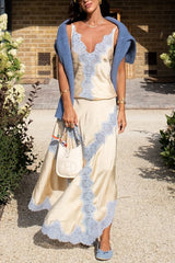 Heididress High Rise Color Block Lace Trim Satin Maxi Skirt