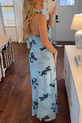 Heididress Halter Sleeveless Floral Print Mesh Maxi Dress