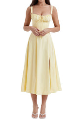 Heididress Drawstring Neck Slit Bustier Midi Cami Dress