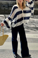 Heididress Lantern Sleeves Button Down Color Block Stripes Sweater with Scarf