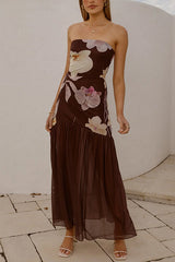 Strapless Tube Floral Print Flare Maxi Dress