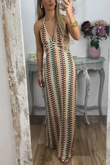 Heididress Halter V Neck Backless Color Block Crochet Maxi Dress