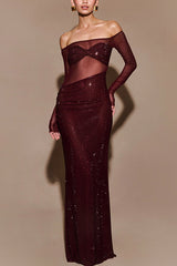 Heididress Off Shoulder Long Sleeves Mesh Splice Sequin Maxi Party Dress
