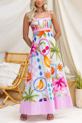 Spaghetti Strap Tropical Fruit & Floral Print A-Line Maxi Dress