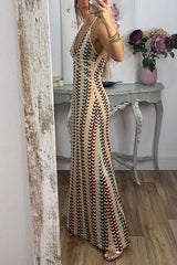 Heididress Halter V Neck Backless Color Block Crochet Maxi Dress