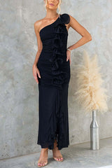 Heididress One Shoulder Slit Ruched Ruffle Mesh Maxi Dress