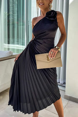 Heididress 3D Rose One Shoulder Cut Out Waist Asymmetric Hem Pleated Maxi Dress