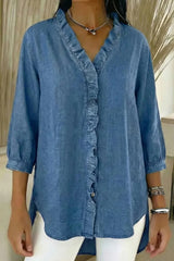 Women's Casual Denim V-Neck Ruffled Shirt