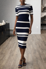 Elegant Striped Knit Midi Dress – Women's Slim Fit Bodycon Dress