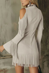 Semi-High Neck Off-The-Shoulder Fringed Faux Suede Long-Sleeved Mini Dress