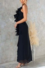 Heididress One Shoulder Slit Ruffle Mesh Maxi Dress